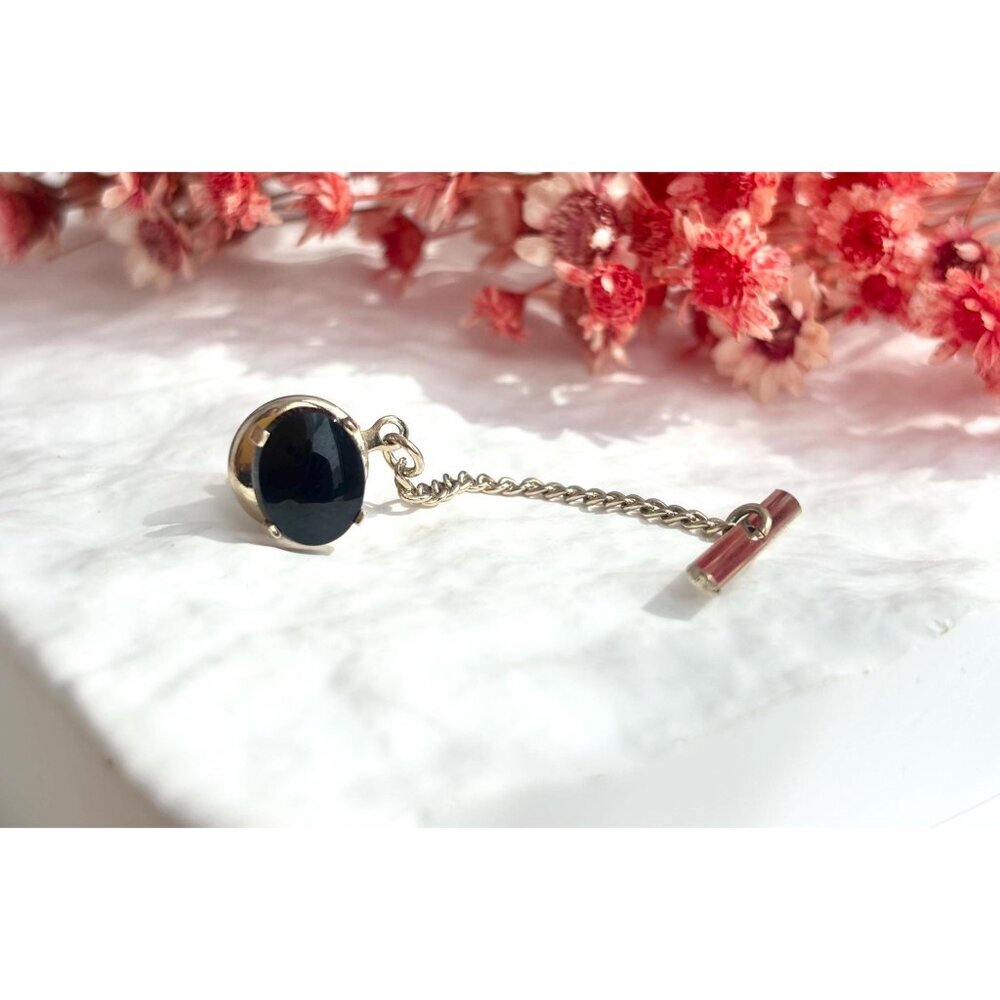 Faux Black Onyx Stone Silver Toned Vintage Men's Tie Tack